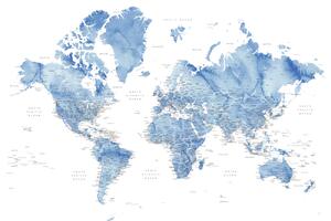 Watercolor world map with cities in muted blue, Vance Térképe, Blursbyai, (40 x 26.7 cm)