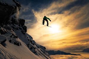 Művészeti fotózás Sunset Snowboarding, Jakob Sanne, (40 x 26.7 cm)