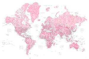 Detailed pink watercolor world map, Damla Térképe, Blursbyai, (40 x 26.7 cm)