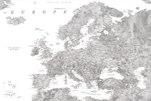 Detailed map of Europe in gray watercolor Térképe, Blursbyai, (40 x 26.7 cm)