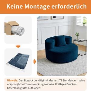 Hmluxury kék kordbársony habfotel, váz nélküli, vákuumcsomagolt, 112 cm