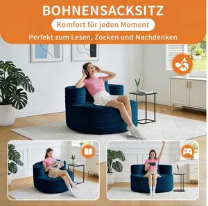 Hmluxury kék kordbársony habfotel, váz nélküli, vákuumcsomagolt, 112 cm
