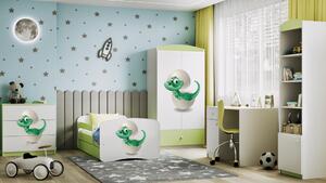 Babydreams gyerekágy dínós dizájnnal, méret: 140x70, szín: világoszöld, matrac nélkül, ágyneműtartóval