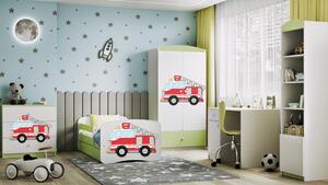 Babydreams gyerekágy tűzoltós dizájnnal, méret: 160x80, szín: világoszöld, matraccal, ágyneműtartóval