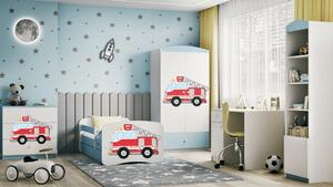 Babydreams gyerekágy tűzoltóautós dizájnnal, méret: 160x80, szín: világoskék, matrac nélkül, ágyneműtartóval