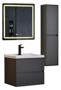HongKong Antracit 60 komplett fürdőszoba bútor szett fali mosdószekrénnyel, kerámia mosdóval, tükörrel és magas szekrénnyel