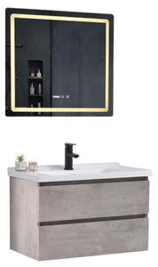 HongKong Loft Beton 80 komplett fürdőszoba bútor fali mosdószekrénnyel, kerámia mosdóval és tükörrel