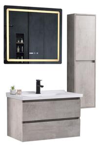 HongKong Loft Beton 80 komplett fürdőszoba bútor szett fali mosdószekrénnyel, kerámia mosdóval, tükörrel és magas szekrénnyel