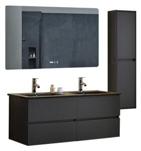 Hongkong Duo Antracit 120 komplett fürdőszoba bútor szett fali mosdószekrénnyel, dupla fekete slim mosdóval, tükörrel és magas szekrénnyel