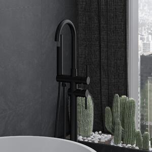 NEGRA íves fekete szabadonálló kádtöltő csaptelep elforgatható kifolyócsővel és kézi zuhanyszettel
