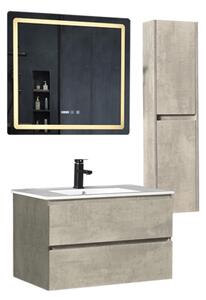 HD HongKong Loft Beton 80 komplett fürdőszoba bútor szett fali mosdószekrénnyel, kerámia mosdóval, tükörrel és magas szekrénnyel
