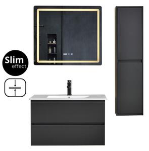 HongKong Antracit 80 komplett fürdőszoba bútor szett fali mosdószekrénnyel, kerámia mosdóval, tükörrel és magas szekrénnyel
