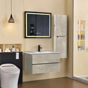 HD HongKong Loft Beton 80 komplett fürdőszoba bútor szett fali mosdószekrénnyel, kerámia mosdóval, tükörrel és magas szekrénnyel