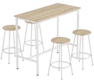 HOMCOM 5 Részes Étkezőszett Magas Bárasztallal 110x50x89,5 cm és Ø30x60,5 cm Fa és Fém Székekkel, Fa Árnyalat