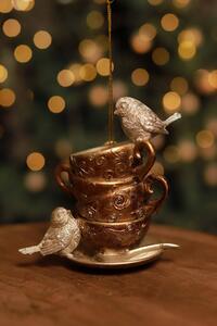 LUX arany karácsonyfadísz csésze, madarakkal 10cm