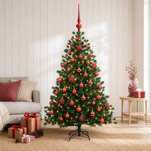 Műkarácsonyfa gömbbel 150 cm 150 LED Meleg fehér PVC és fém