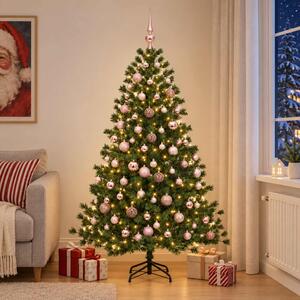 Műkarácsonyfa gömbbel 210 cm 300 LED Meleg fehér PVC és fém