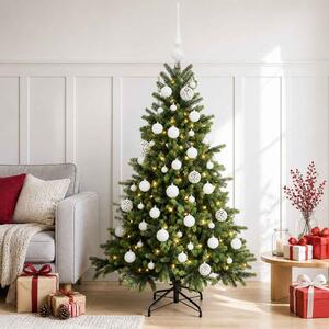 Műkarácsonyfa gömbbel 150 cm 150 LED Meleg fehér PVC és fém