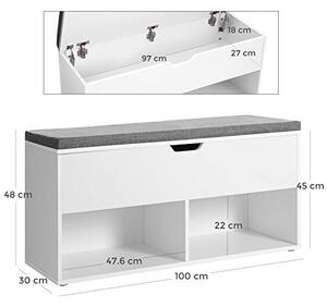 Előszobai cipőtároló pad tárolórekesszel, Vasagle, fehér-szürke, 100x30x48 cm