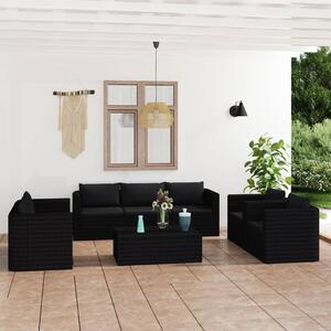 9 részes fekete polyrattan kerti bútorszett párnákkal