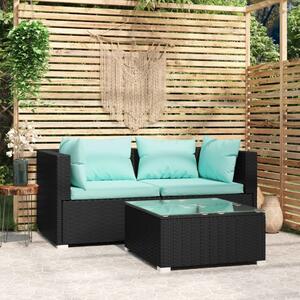 3 részes fekete polyrattan kerti ülőgarnitúra párnákkal