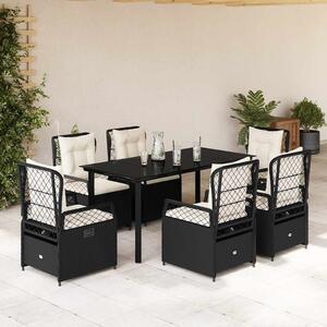 7 részes fekete polyrattan kerti étkezőgarnitúra párnával