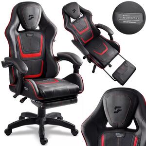Gamer szék, Sofotel Specter, fekete/piros, 42-52 cm ülésmagasság, gumírozott kerekek, lábtartós, dönthető, fejpárnával, 120 kg teherbírás