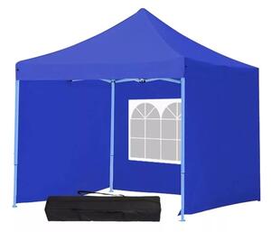 Összecsukható kerti pavilon, 2,9 × 2,9 m, kék színben, oldalfalakkal és hordtáskával, fém vázzal, PVC és oxford anyagból, 3,2 m teljes magassággal, stabil és könnyen felállítható szerkezettel, kültéri használatra