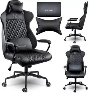 Irodai szék, Sofotel Verona, fekete, 41–48 cm ülésmagasság, hintafunkció, gázliftes magasságállítás, műbőr kárpit, gumírozott kerekek, fém talp, deréktámasz és fejpárna, 120 kg teherbírás