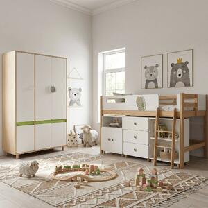 GINGER HOME DINO Gyerekszoba Bútorszett, 90×200 cm-es Kombinált Ággyal, Ruhásszekrénnyel, Szekrényekkel, Komóddal, Polcos Tárolóval és Ágyráccsal, Fehér–Zöld–Natúr Fa