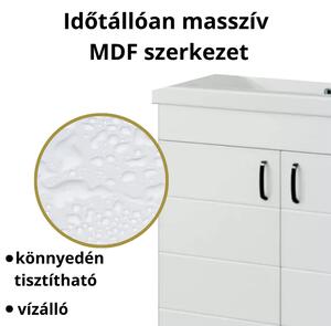 HD HÉRA 85 cm széles álló fürdőszobai mosdószekrény, fényes fehér, fekete kiegészítőkkel, 2 soft close ajtóval, szögletes kerámia mosdóval