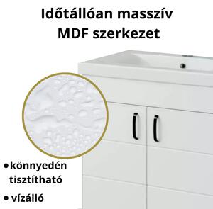 HD HÉRA 65 cm széles álló fürdőszobai mosdószekrény, fényes fehér, fekete kiegészítőkkel, 2 soft close ajtóval, szögletes kerámia mosdóval