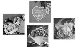 Képszett fekete-fehér virágok Home felirattal