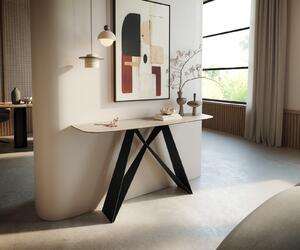 DELIFE Konzolasztal Edge hajóformájú 140x40 cm kerámia Laminam® Travertino Bianco krémfehér Velio fém fekete