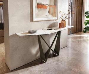 DELIFE Konzolasztal Edge poligonális 180x50 cm kerámia calacatta luxe fehér arany szürke Spios fém titán színű effekt finish