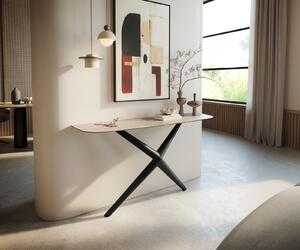 DELIFE Konzolasztal Edge hajóformájú 140x40 cm Laminam® Travertino Bianco krémfehér Estelo fém fekete