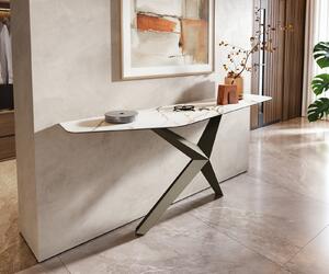 DELIFE Konzolasztal Edge poligonális 180x50 cm kerámia Calacatta Luxe fehér arany szürke Zentharo fém titán színű effekt finish