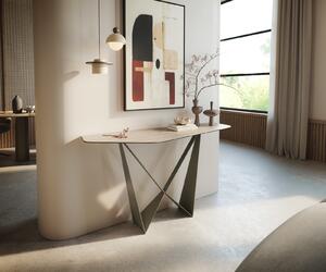 DELIFE Konzolasztal Edge poligonális 140x50 cm kerámia Laminam® Travertino Bianco krémfehér Spios fém titán színű effekt finish