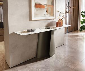 DELIFE Konzolasztal Edge hajóformájú 180x40 cm kerámia Calacatta Luxe fehér arany szürke Livos fém titán színű effekt finish