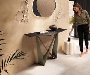 DELIFE Konzolasztal Edge poligonális 140x50 cm Laminam® kerámia Noir Desir barna Spios fém titán színű hatású