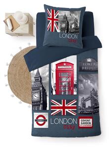 Sötétkék egyszemélyes pamut ágyneműhuzat 140x200 cm City London – douceur d'intérieur