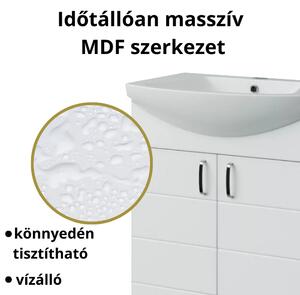 HD MART 65 cm széles álló fürdőszobai mosdószekrény, fényes fehér, króm kiegészítőkkel, 2 soft close ajtóval, íves kerámia mosdóval és LED okostükörrel
