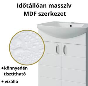 HD MART 55 cm széles álló fürdőszobai mosdószekrény, fényes fehér, króm kiegészítőkkel, 2 soft close ajtóval, íves kerámia mosdóval és LED okostükörrel