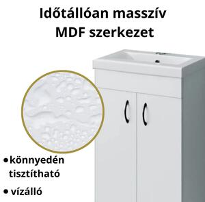 HD LIGHT 50 cm széles álló fürdőszobai mosdószekrény, fényes fehér, fekete kiegészítőkkel, 2 ajtóval, szögletes kerámia mosdóval