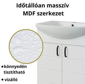 MART 55 cm széles álló fürdőszobai mosdószekrény, fényes fehér, fekete kiegészítőkkel, 2 soft close ajtóval, íves kerámia mosdóval és LED okostükörrel
