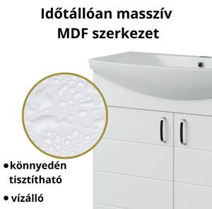 MART 75 cm széles álló fürdőszobai mosdószekrény, fényes fehér, króm kiegészítőkkel, 2 soft close ajtóval, íves kerámia mosdóval és LED okostükörrel
