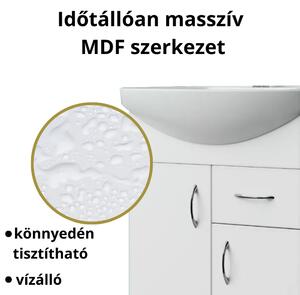 HD STANDARD 55 cm széles álló fürdőszobai mosdószekrény, fényes fehér, króm kiegészítőkkel, 2 ajtóval és 1 fiókkal, íves kerámia mosdóval