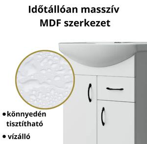 HD STANDARD 55 cm széles álló fürdőszobai mosdószekrény, fényes fehér, fekete kiegészítőkkel, 2 ajtóval és 1 fiókkal, íves kerámia mosdóval és LED okostükörrel