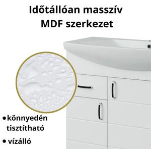 HD MART 100 cm széles álló fürdőszobai mosdószekrény, fényes fehér, króm kiegészítőkkel, 3 soft close ajtóval és 2 fiókkal, íves kerámia mosdóval