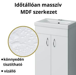 HD LIGHT 50 cm széles álló fürdőszobai mosdószekrény, fényes fehér, króm kiegészítőkkel, 2 ajtóval, szögletes kerámia mosdóval